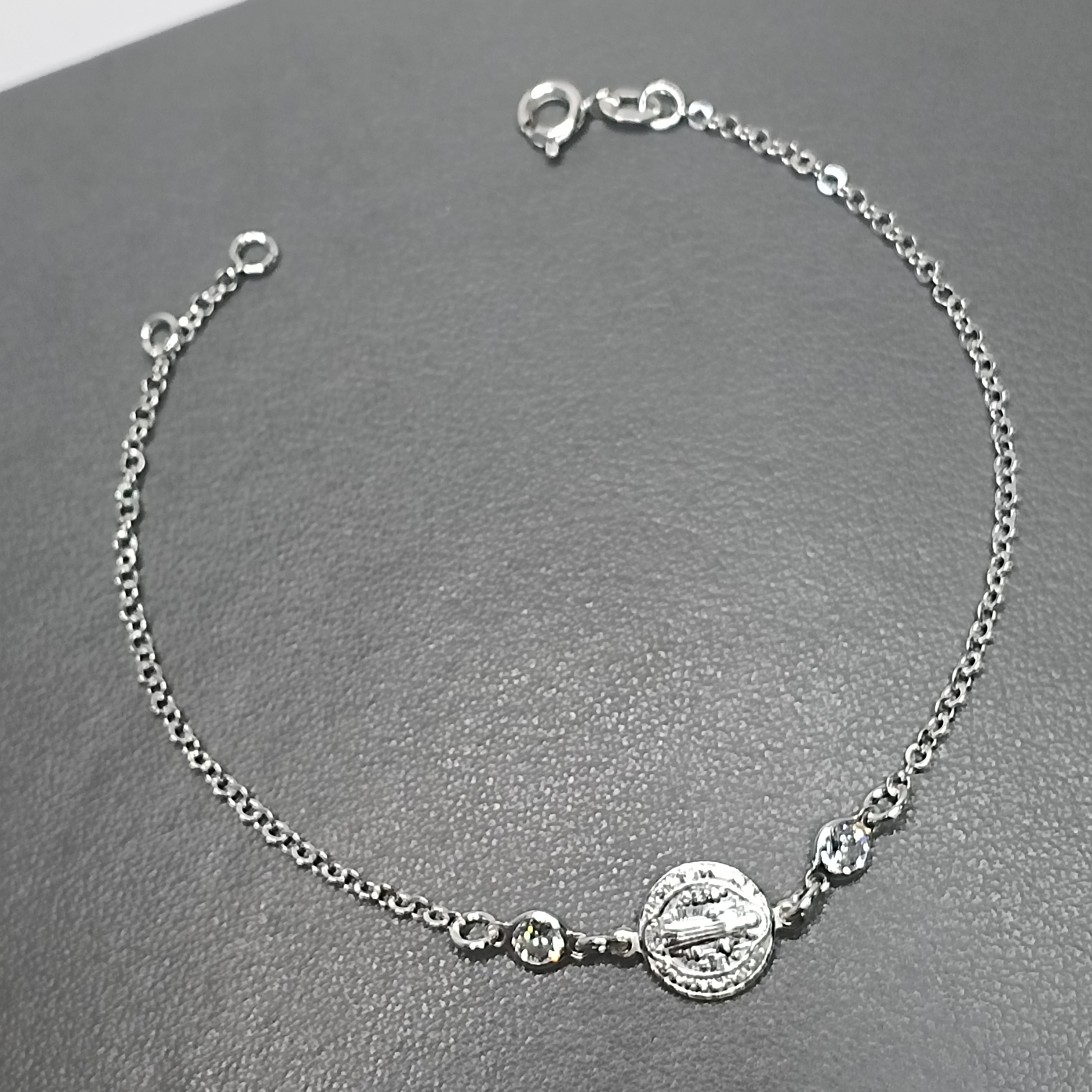 Pulseira De Prata 2 Zirconias Medalha São Bento Meio Cod:PU-64