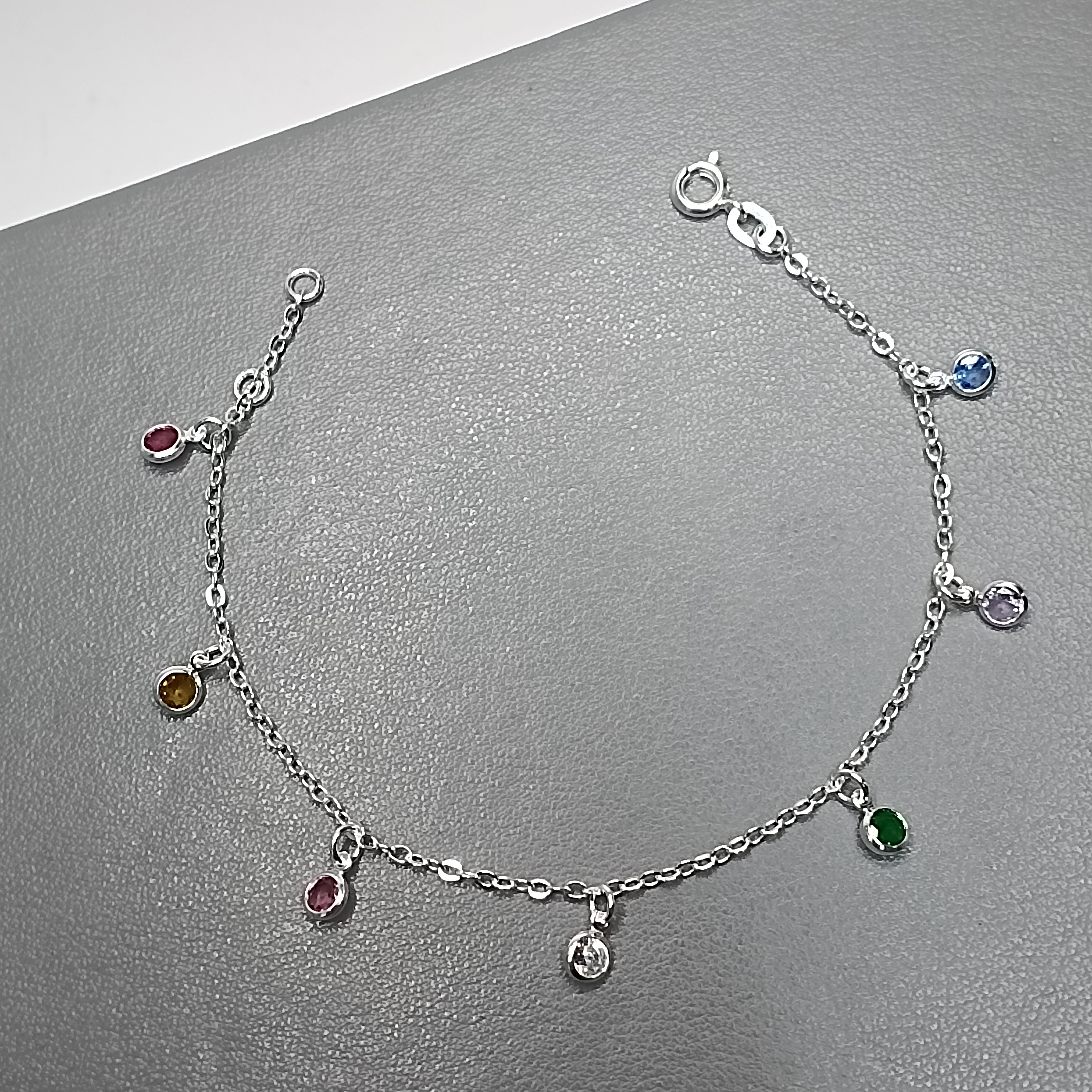 Pulseira De Prata 7 Zirconia Color Pequena Pendente Fio ALVBRAP Cod:PU-36