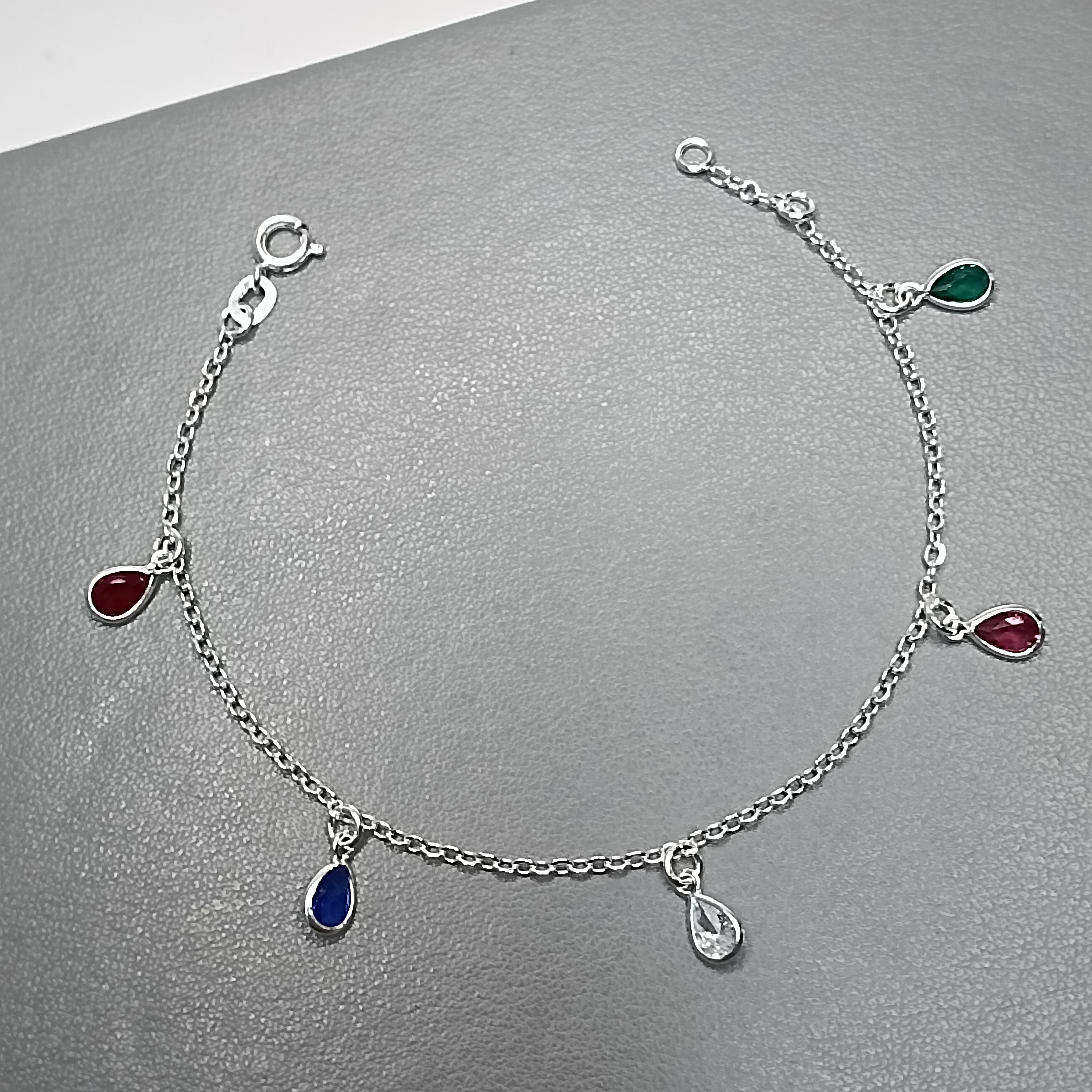 Pulseira De Prata 7 Zirconia Gota Color Pequena Pendente Fio VABRV Cod:PU-38