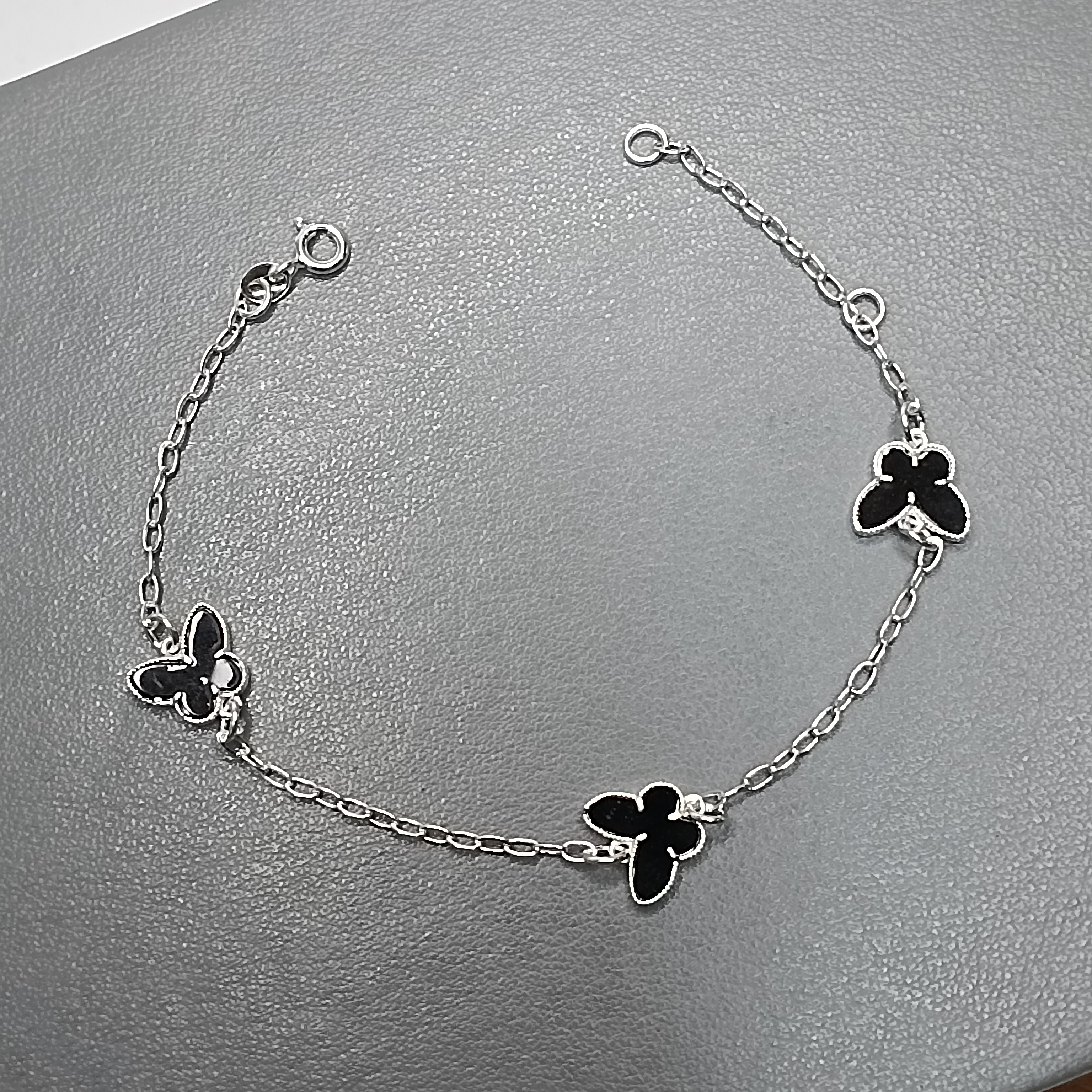 Pulseira De Prata 3 Borboleta Resina Preta Fio Cod:PU-91