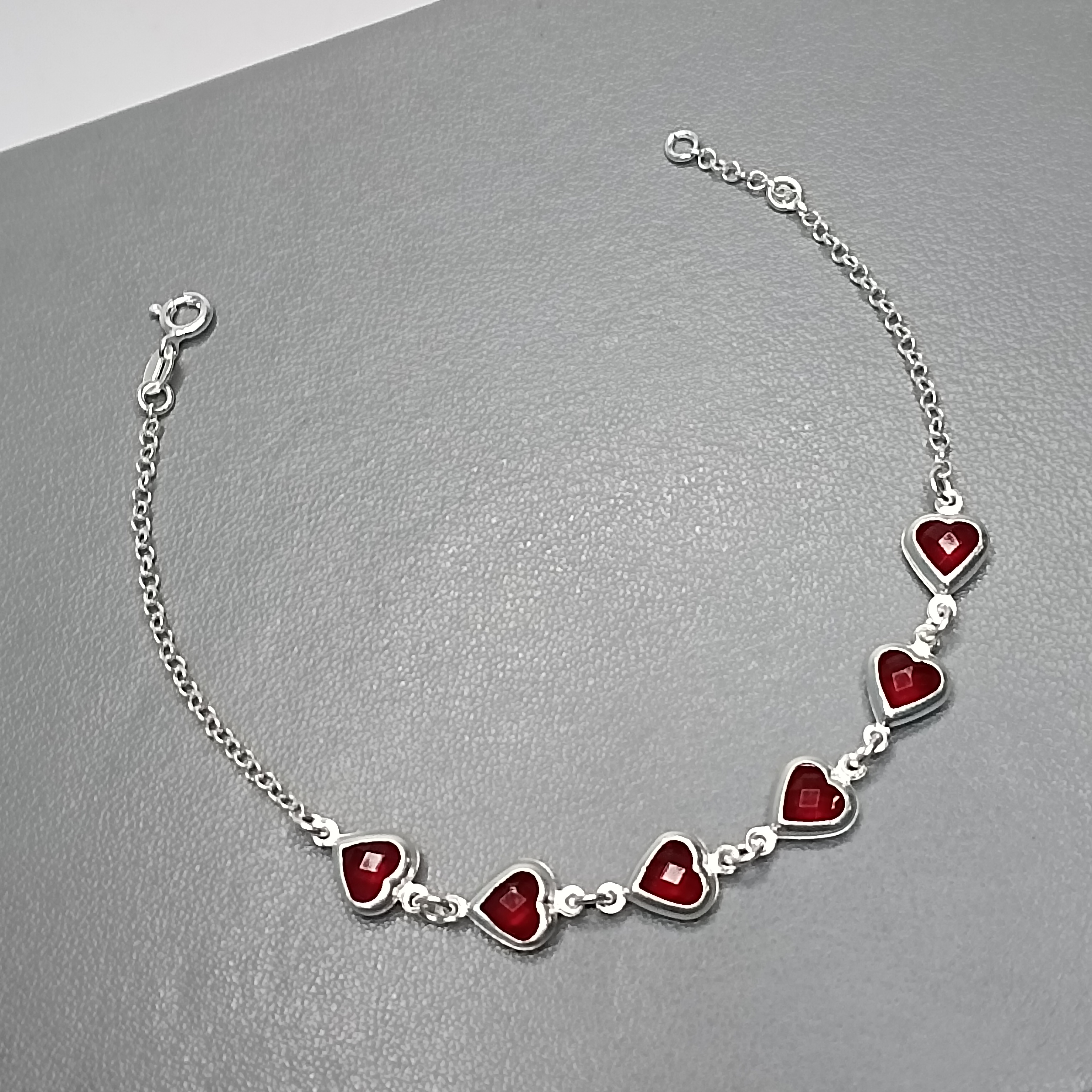 Pulseira De Prata 6 Zirconia Coração Vermelho Mosaico Meio Cod:PU-19