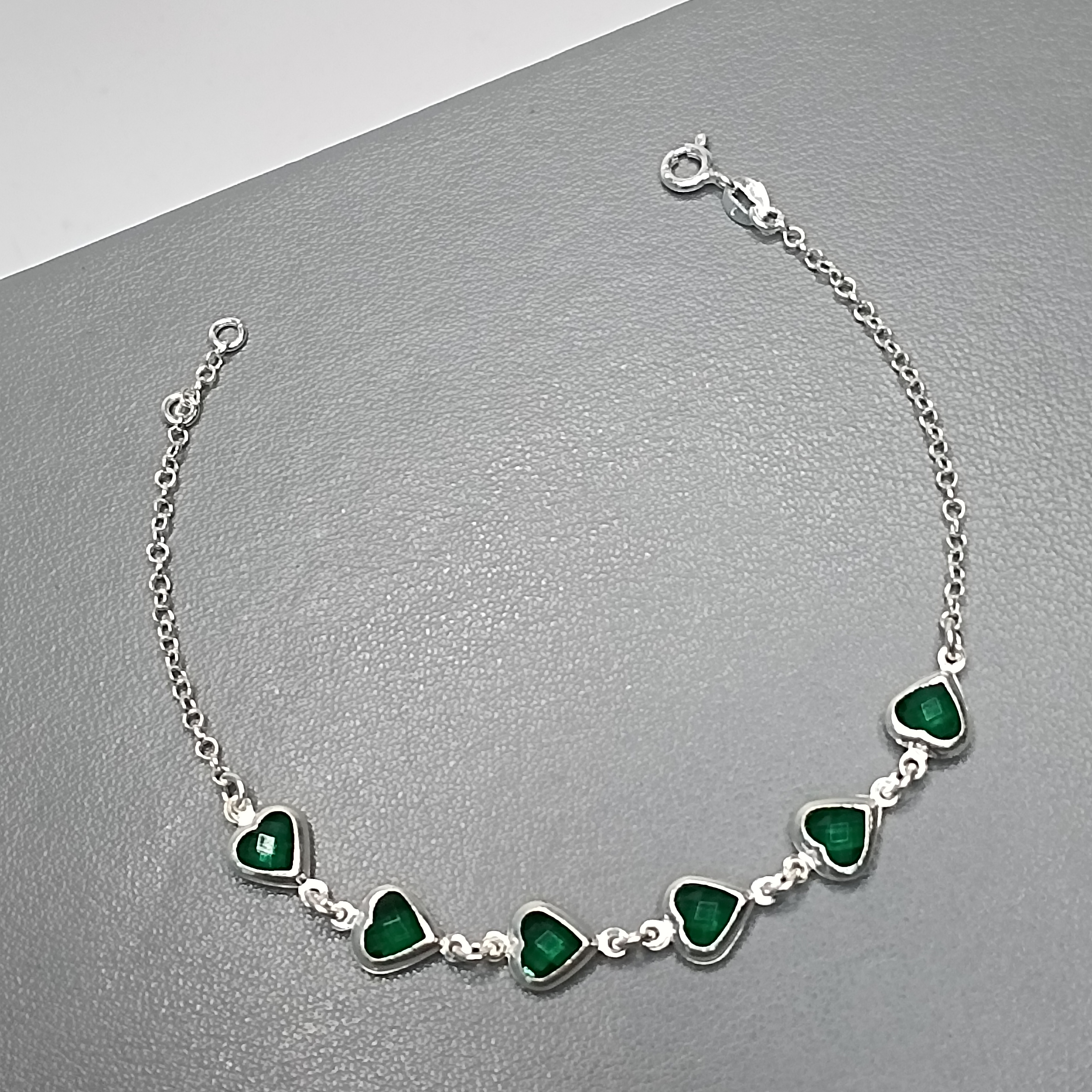 Pulseira De Prata 6 Zirconia Coração Verde Mosaico Meio Cod:PU-17