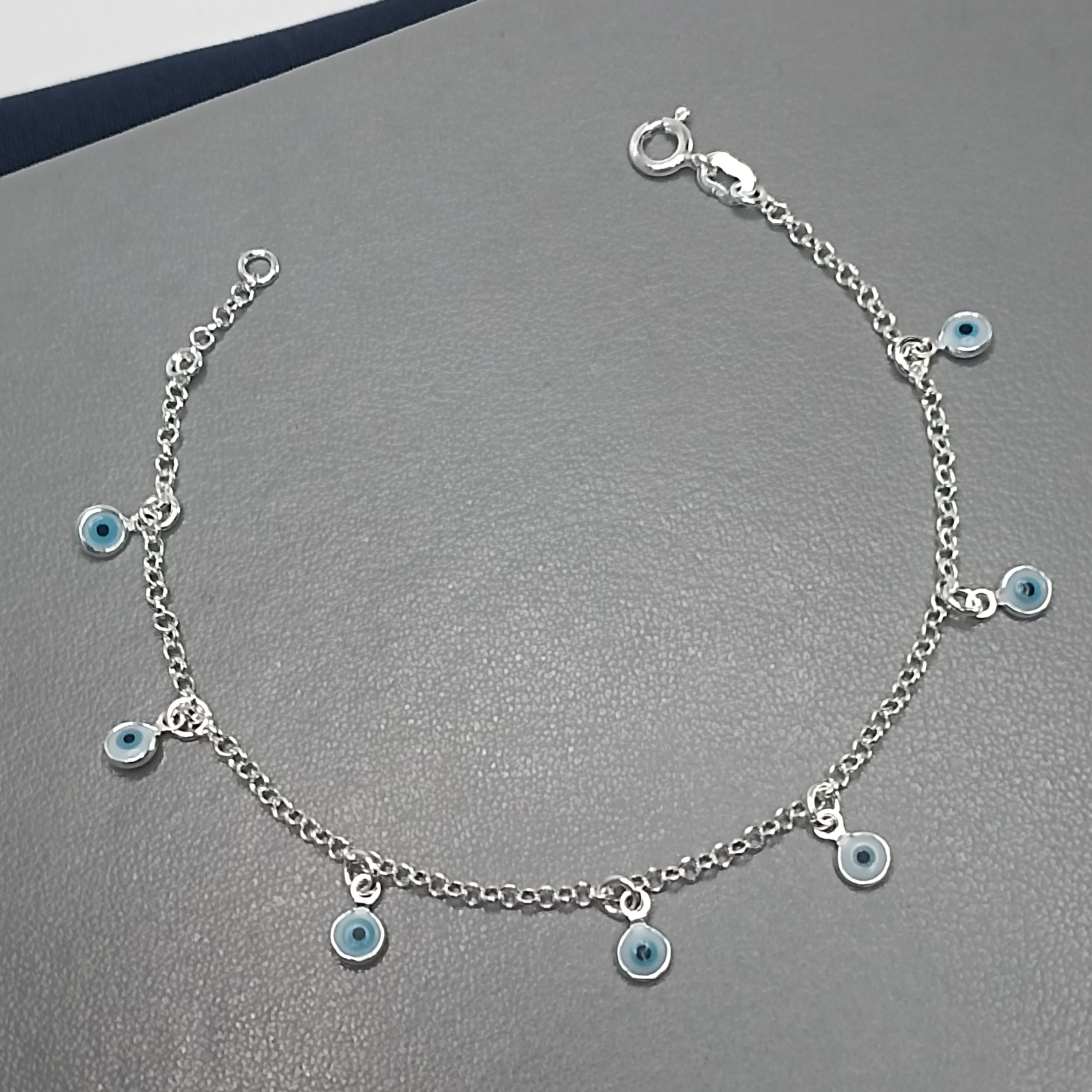 Pulseira De Prata 7 Olho Grego Branco Pequeno Pendente fio Cod:PU-76