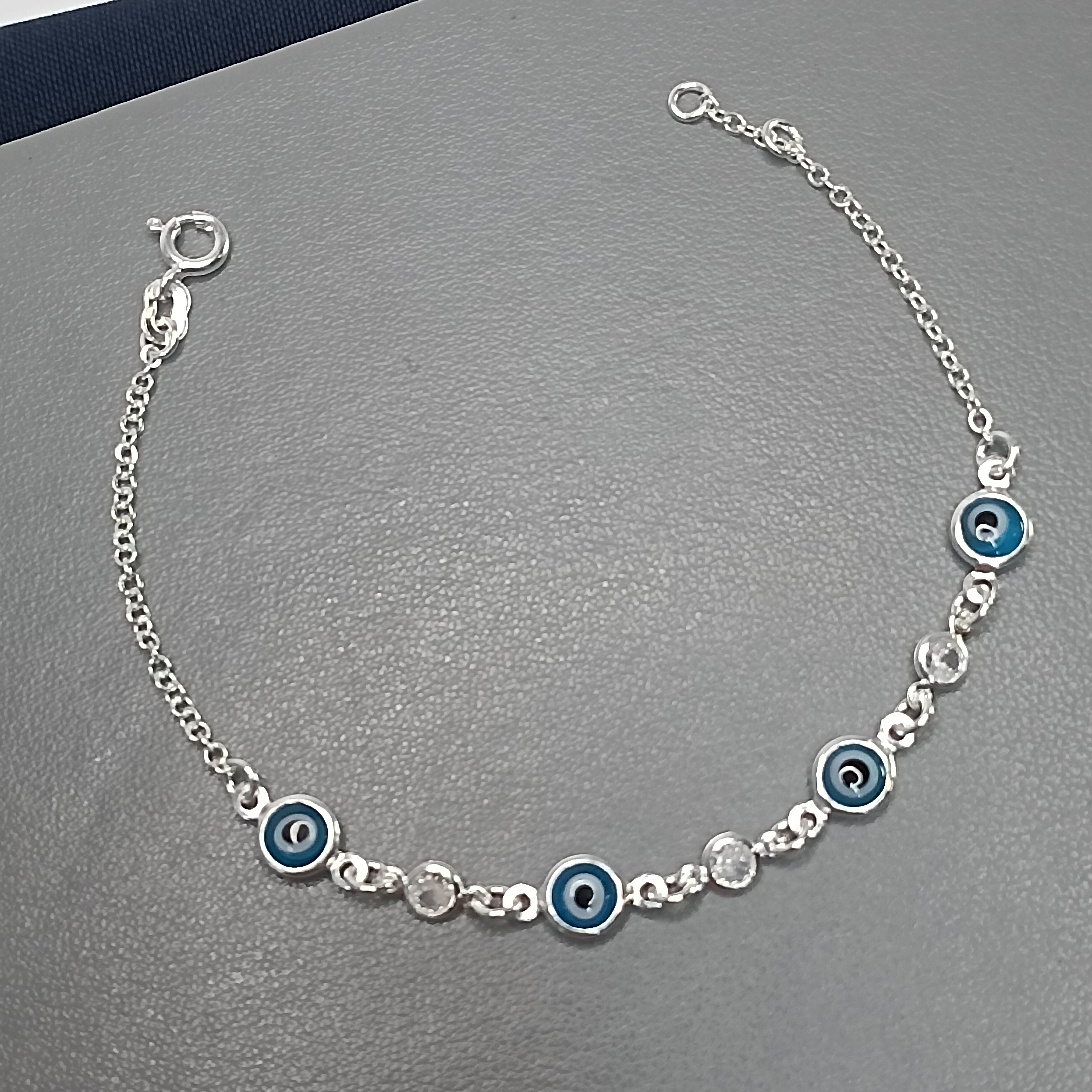 Pulseira De Prata 4 Olho Grego Azul Claro 3 Zirconias Intercaladas Meio Cod:PU-79