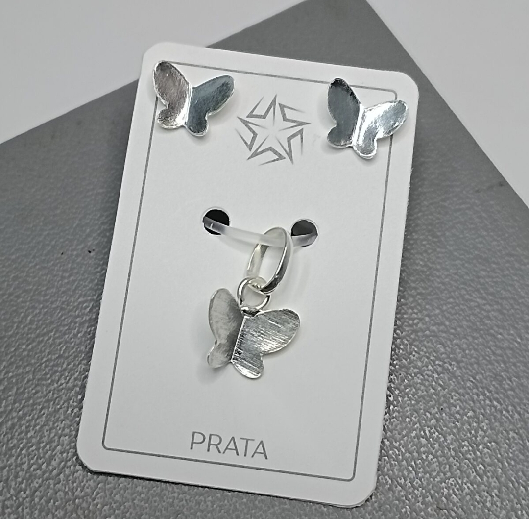Conjunto De Prata Tradicional Borboleta Chanfrada Cod:CJ1-2