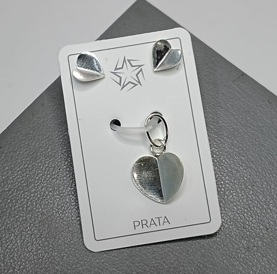 Conjunto De Prata Tradicional Coração Chanfrado Cod:CJ1-4