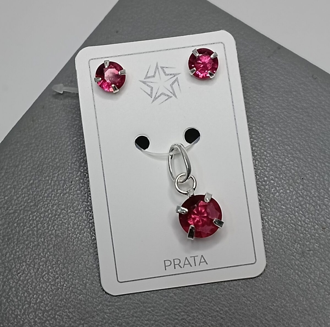 Conjunto De Prata Tradicional Zirconia Rosa Escura Cod:CJ1-9