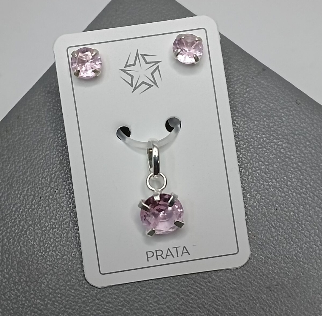 Conjunto De Prata Tradicional Zirconia Rosa Clara Cod:CJ1-10