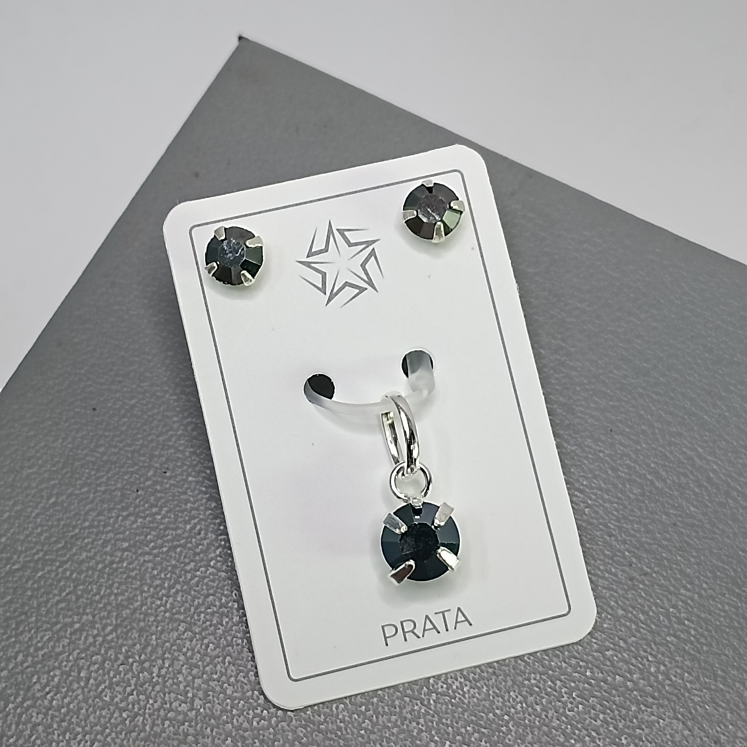 Conjunto De Prata Tradicional Zirconia Preta Grafite Cod:CJ1-14