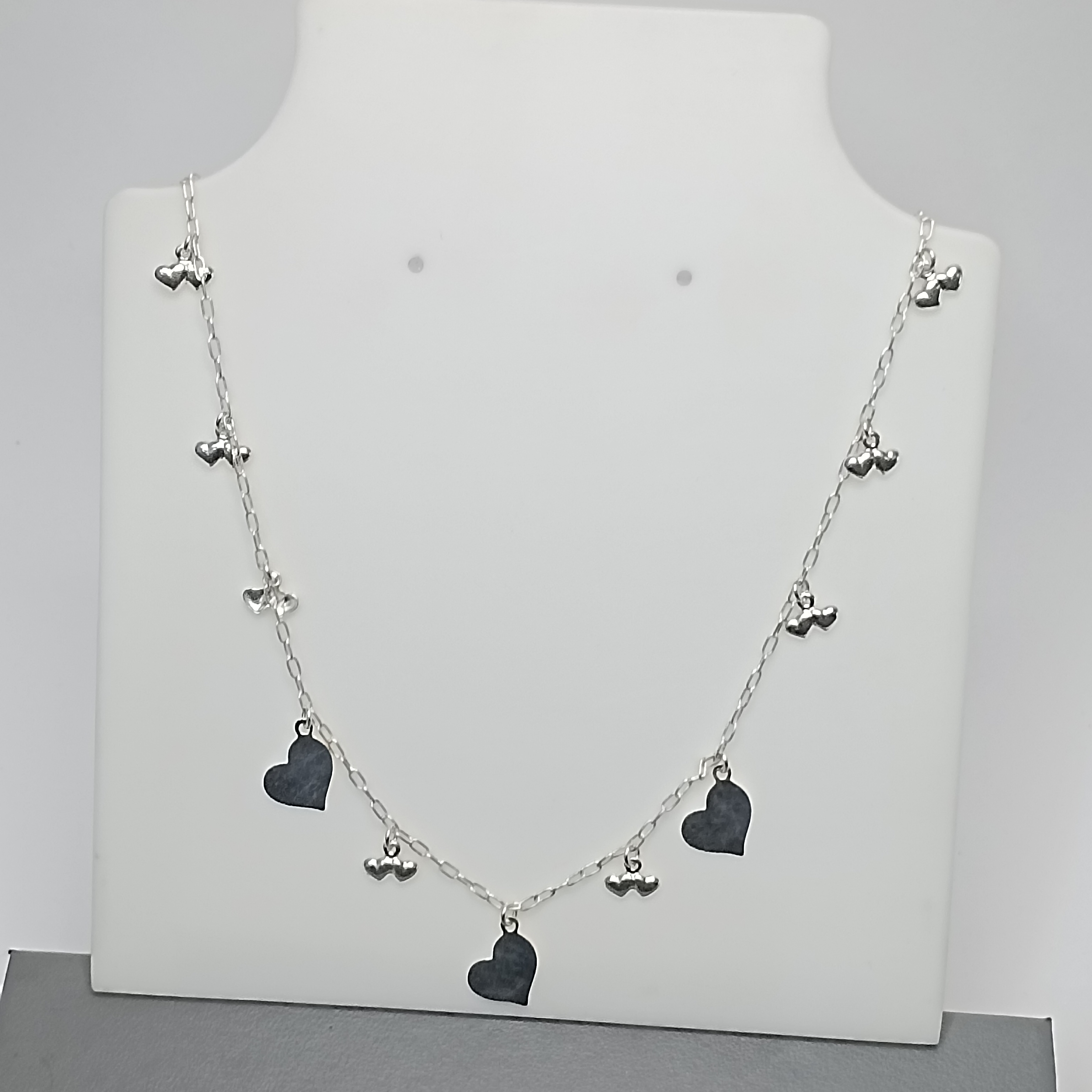 Gargantilha De Prata Montagem Choker Coração Chapinha Com Corações Duplo Pendentes Fio Cod:G2-03