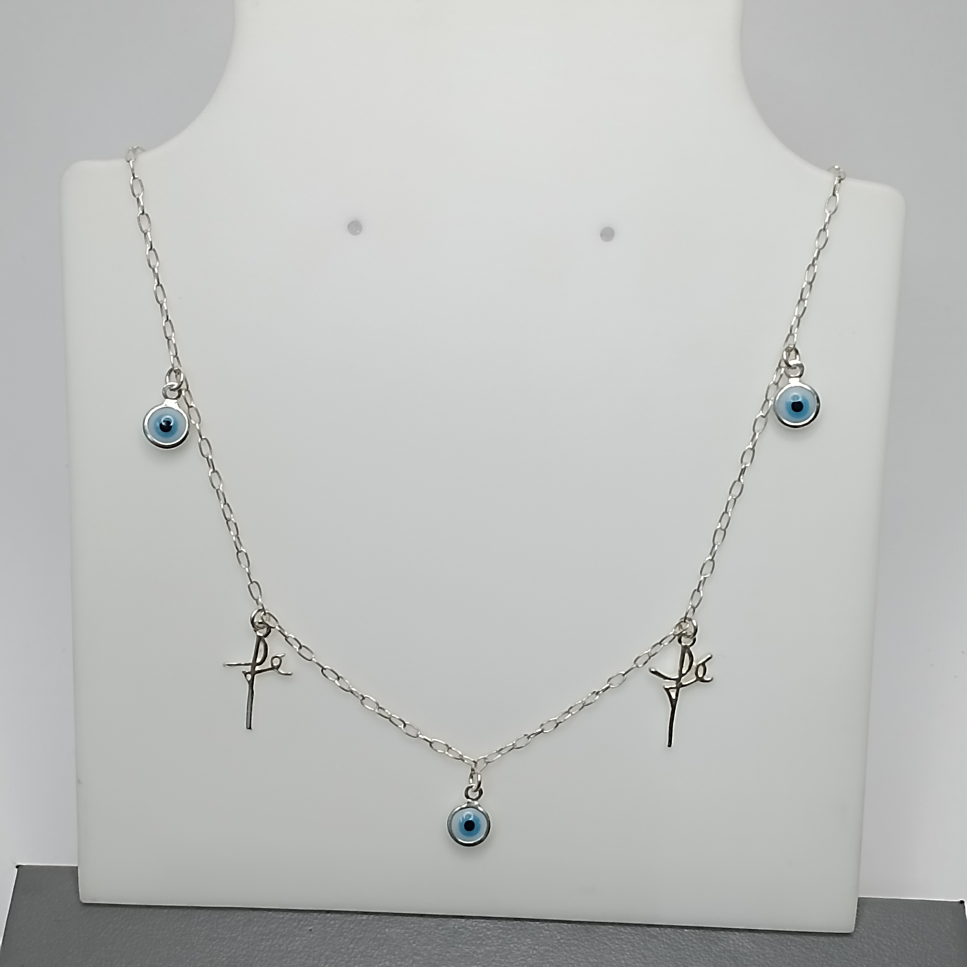 Gargantilha De Prata Choker Olho Grego E Fé Pendente Fio Cod:G2-18