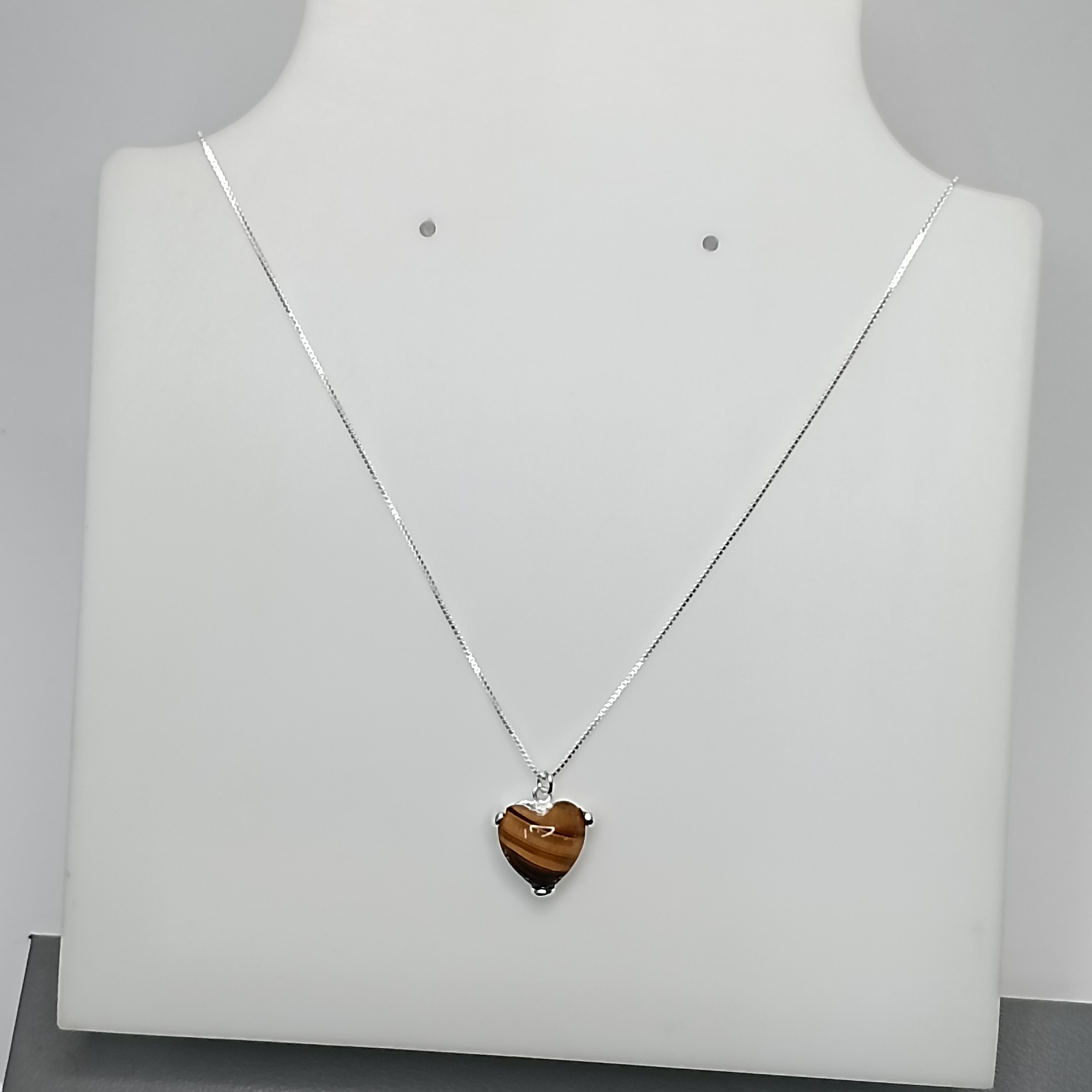 Gargantilha De Prata Coração Pedra Olho De Tigre 45cm Cod:G3-12