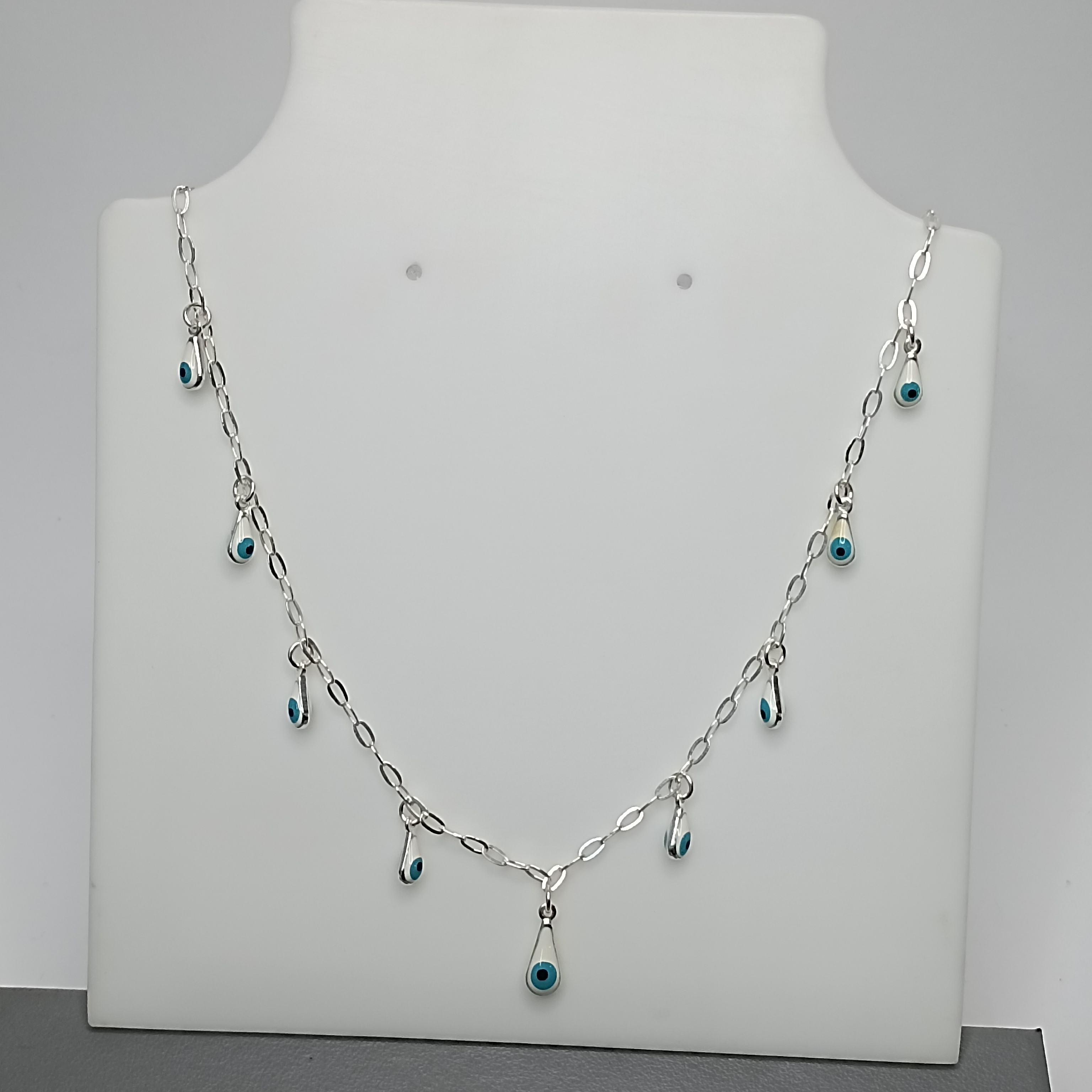 Gargantilha De Prata Olho Grego Branco Tipo Gota Pendente Fio 45cm Cod:G3-02