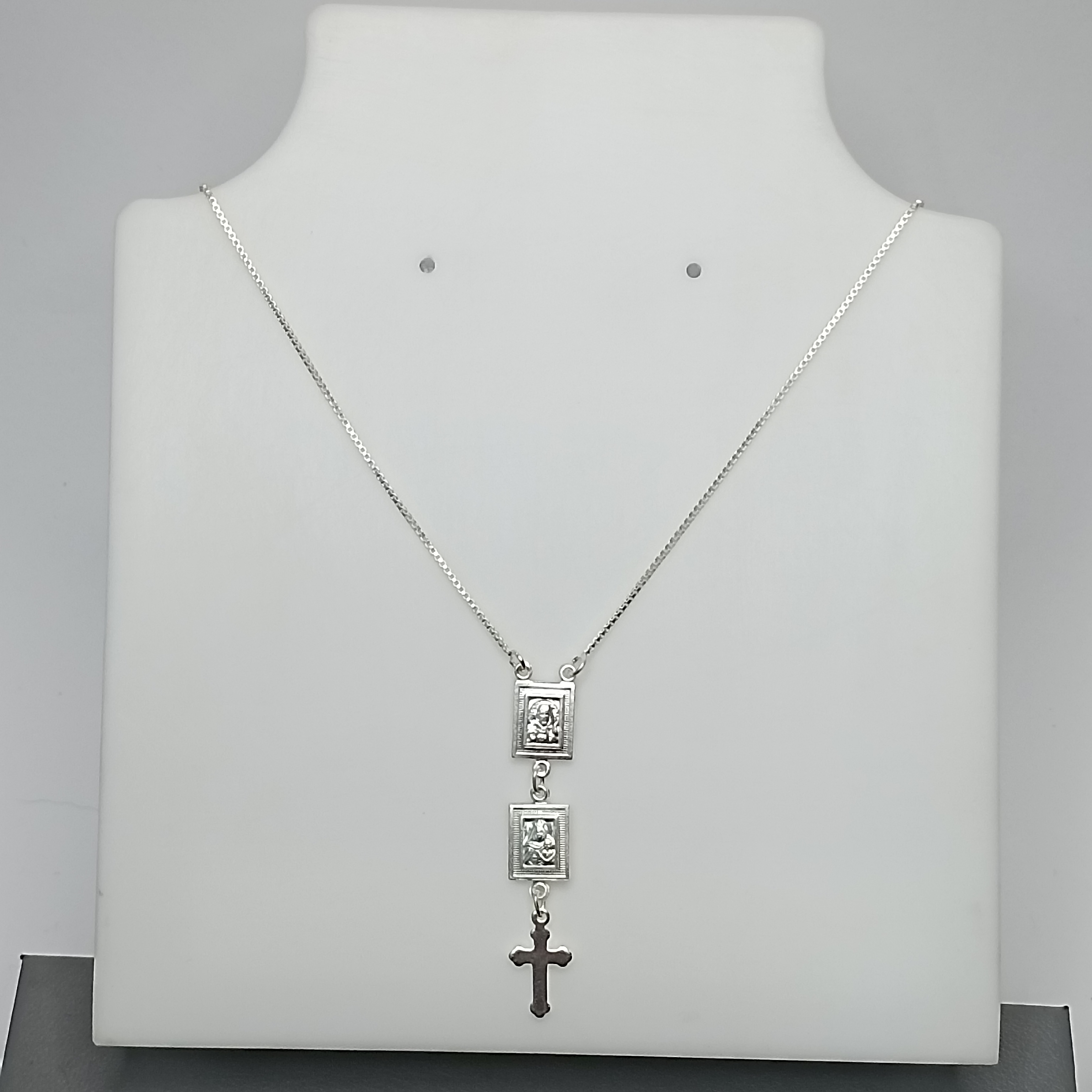 Gargantilha De Prata Tipo Escapulario 2 Medalha Com Cruz Frente Pendente Meio 45cm Cod:G3-19