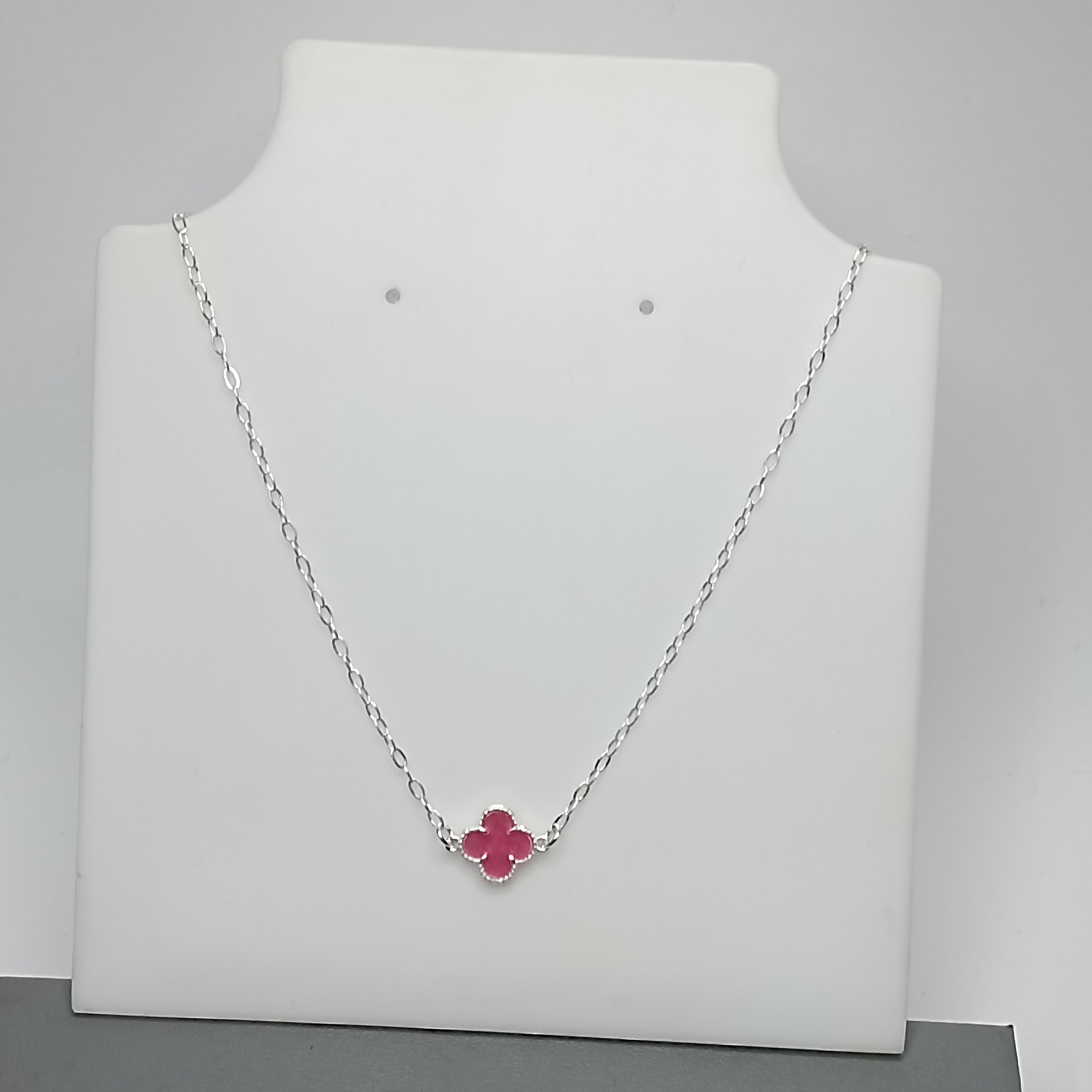 Gargantilha De Prata Trevo Rosa Liso Meio 45cm Cod:MD