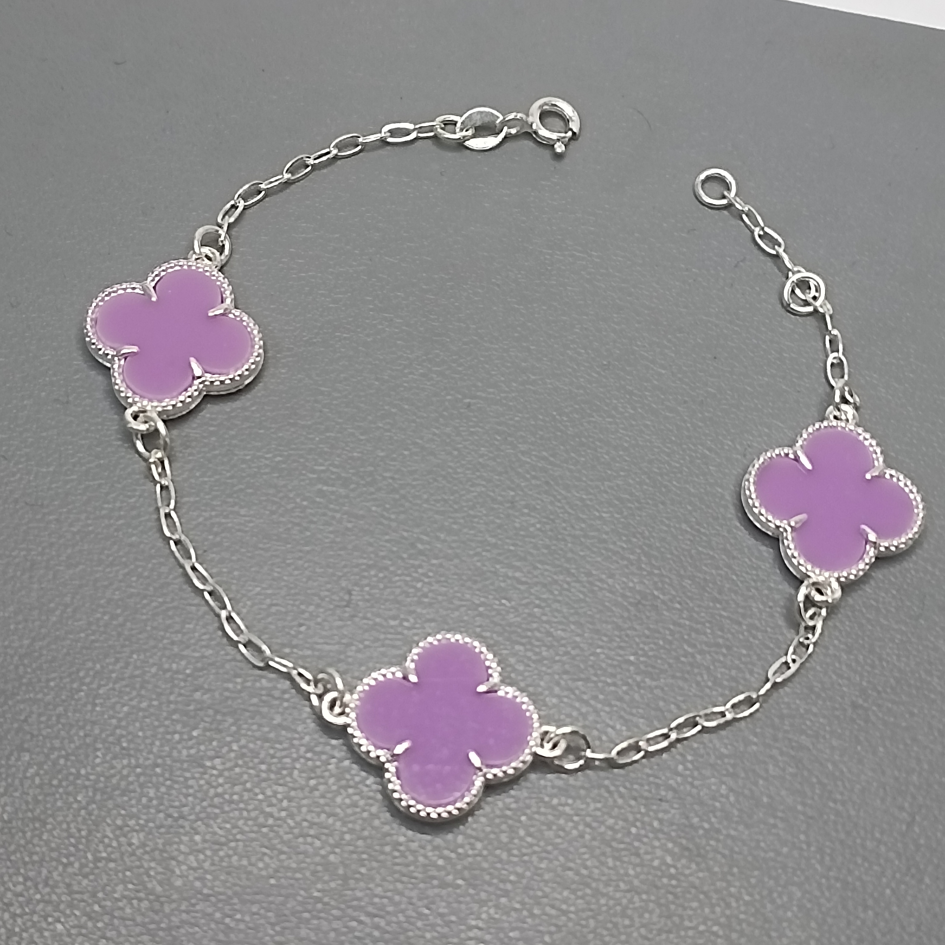 Pulseira De Prata 3 Trevo Roxo Grande Fio Cod:MD