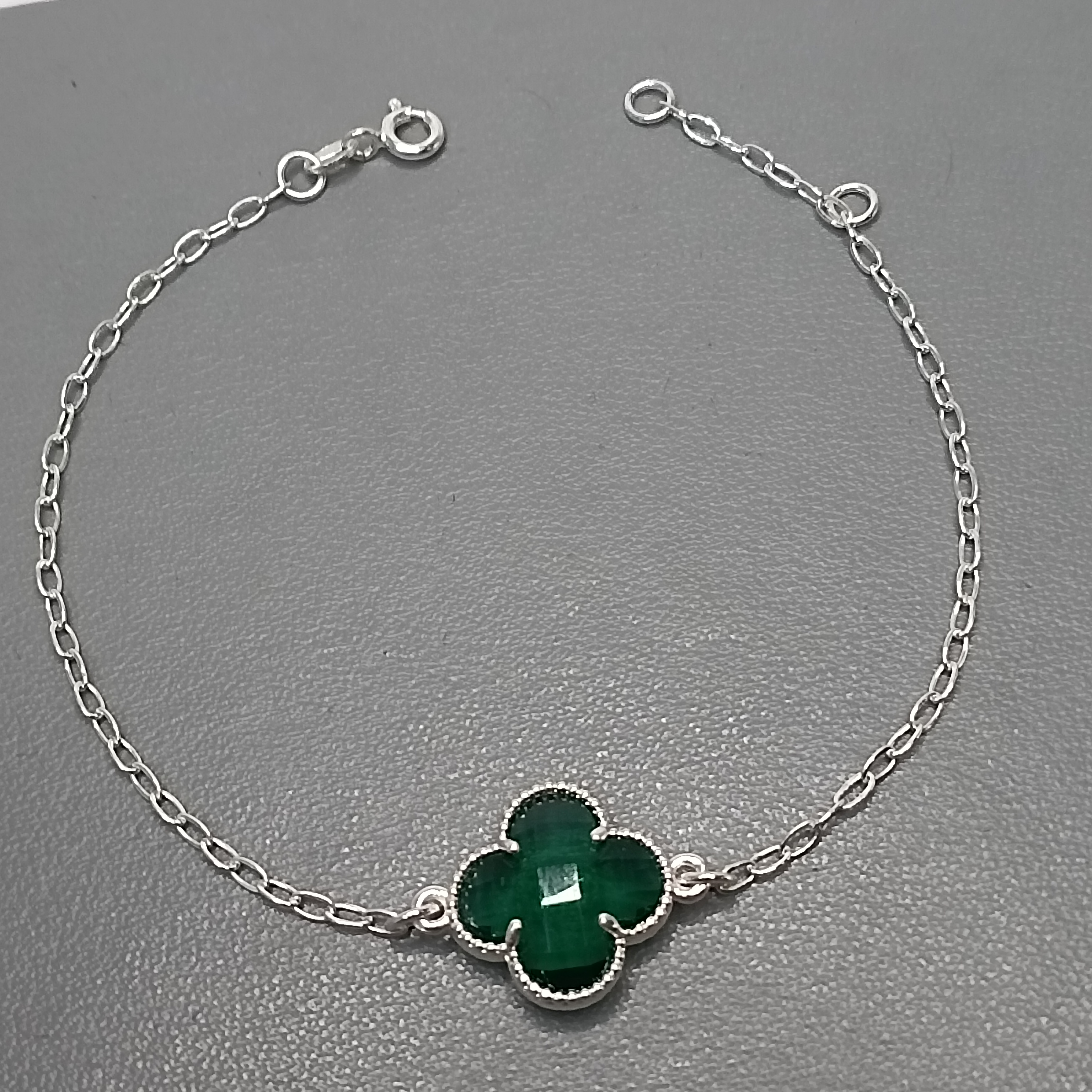Pulseira De Prata Trevo Verde Grande Lapidado Meio Cod:MD