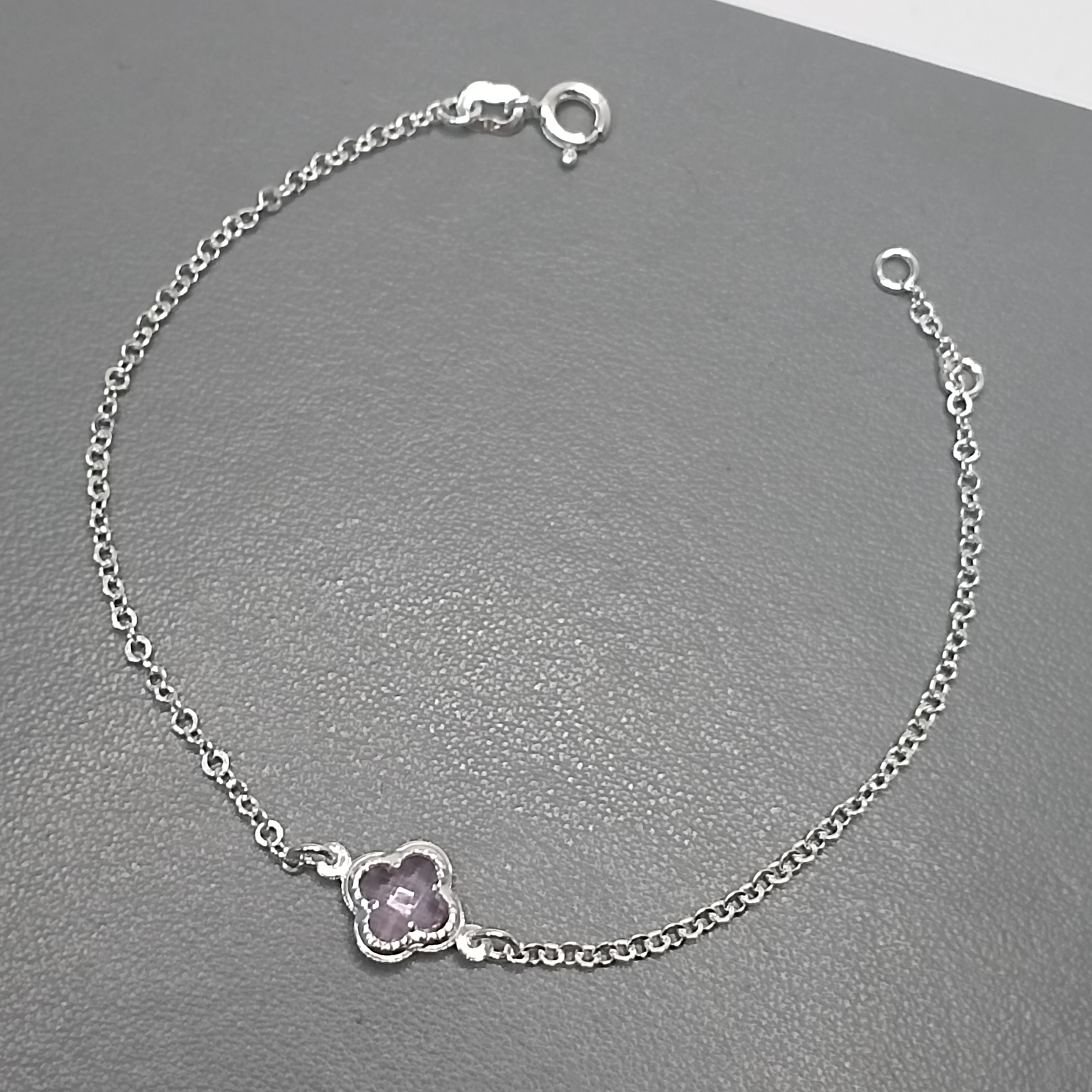 Pulseira De Prata Trevo Rosa Pequeno Lapidado Meio Cod:MD