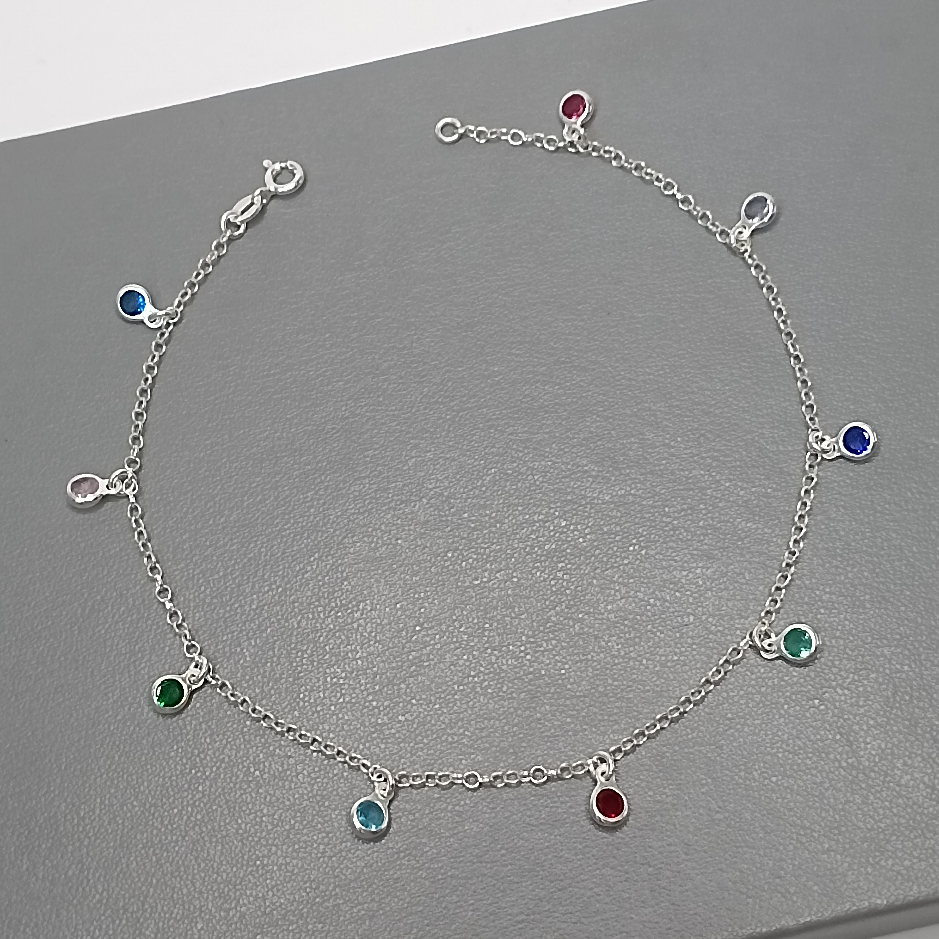 Tornozeleira De Prata 9 Zirconia Color Pendente Fio ARVAVVABR Cod:TOR-07